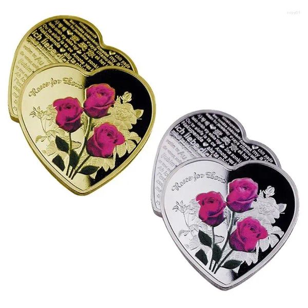 Pendants Commémorative Coin de la Saint-Valentin Collection de fleurs de rose art en forme de coeur en alliage en alliage en alliage en alliage en alliage artisanal