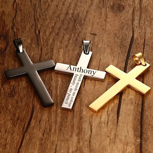 Pendentifs Personnalisé Mode Titane Croix Collier pour Femmes Hommes En Acier Inoxydable Prière Tour De Cou Personnalisé Graver Nom Date Bijoux