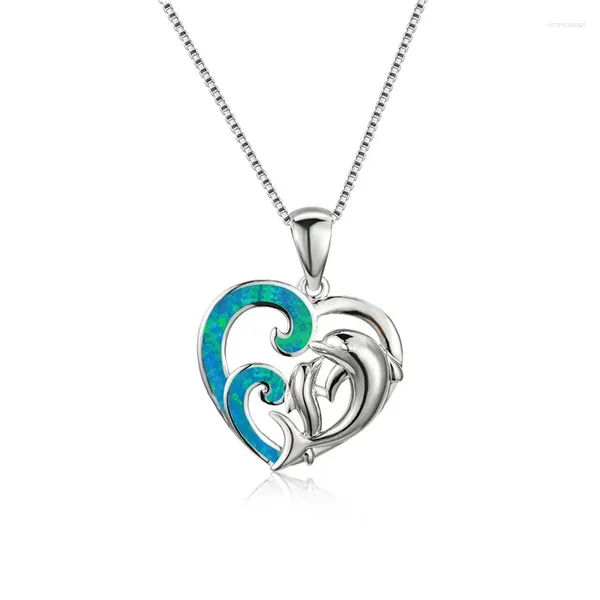 Colgantes Colgante de delfín bonito para mujer, collares con ondas de corazón de ópalo de fuego azul blanco, joyería de animales de Plata de Ley 925 para boda