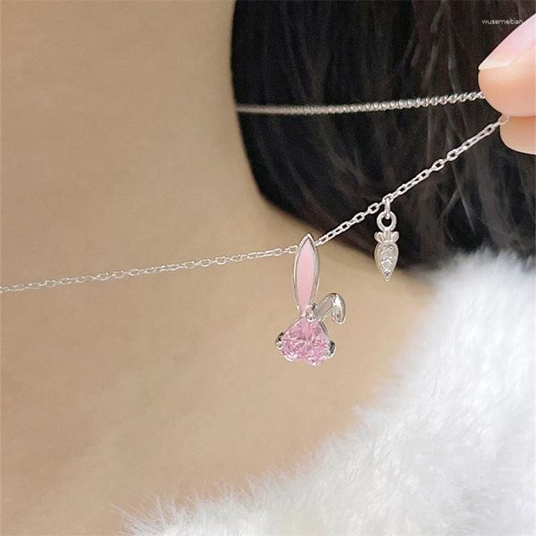 Colgantes Collar con colgante de zanahoria y corazón rosa para niña, patrón de Animal del Zodíaco 2023, regalo de aniversario de plata 925 para mujer