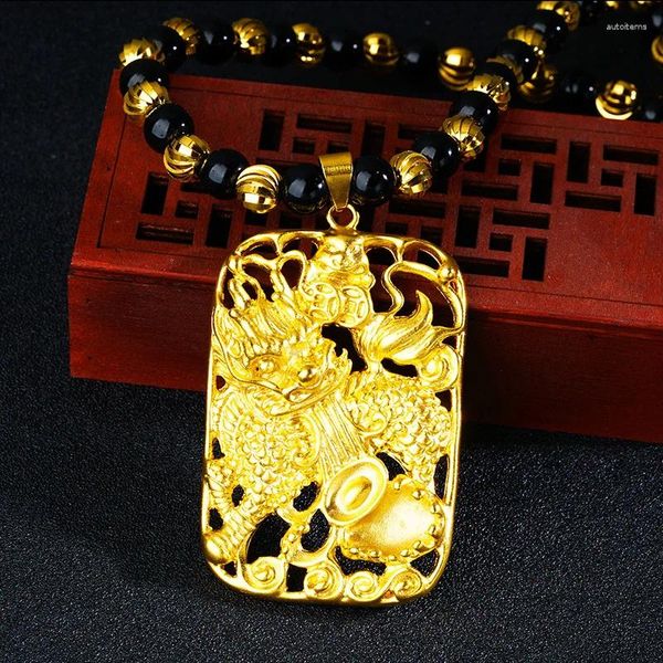 Collier avec pendentifs dominants creux pour hommes, en or pur véritable 18 carats, bijoux fins pour fête des pères, cadeau, chaîne jaune 999