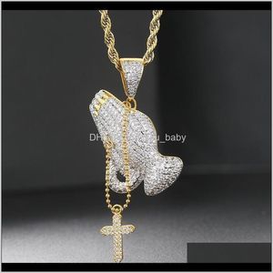 Hangers drop levering 2021 hiphop rapper iced biddende hand hangers kettingen voor mannen vrouwen goud kleur charme sieraden ketting op