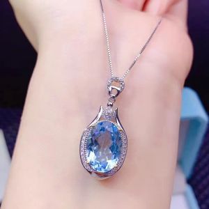 Pendentifs Élégant ovale mer bleu cristal aigue-marine pierres précieuses diamants pendentif colliers pour femmes 18k or blanc rempli argent S925 cadeaux