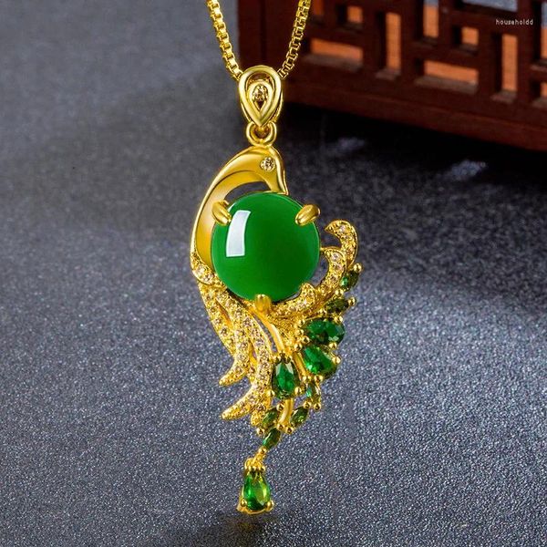 Pendentifs Style ethnique vert Jade paon pendentif collier femme mode Phoenix ailes argent 925 clavicule chaîne femmes bijoux