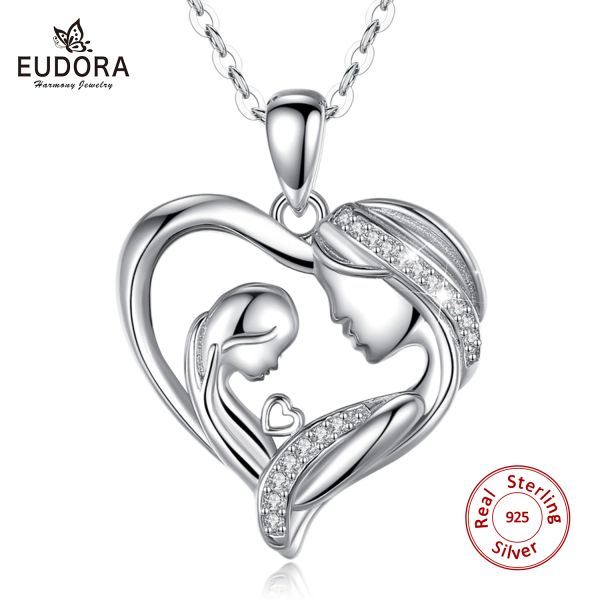 Colgantes EUDORA 100% Plata de Ley 925 Popular collar de corazón para madre e hija con collar de cristal CZ regalos de cumpleaños para madre D584