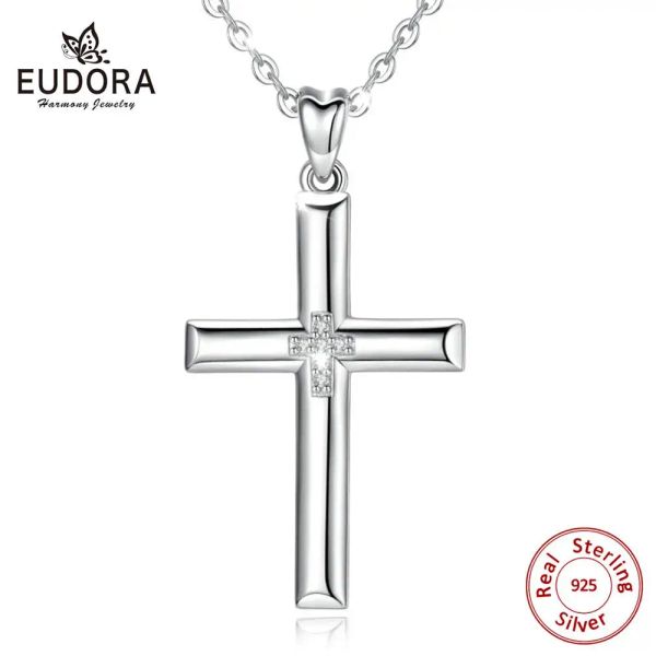 Pendentifs EUDORA 925 argent Sterling croix pendentif collier en argent massif croix cristal collier bijoux fins avec boîte pour femmes homme CYD468