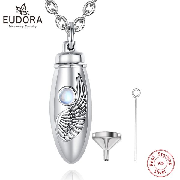 Colgantes Eudora Plata de ley 925 Medallón de ala ovalada Cremación Memorial Cenizas Urna Collar de piedra lunar Recuerdo Joyería Recuerdos Regalo