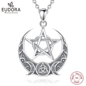 Colgantes Eudora Collar de pentagrama de bruja de plata de ley 925 para hombre y mujer Nudo celta Triple diosa de la luna Colgante de brujería Regalo de Wicca