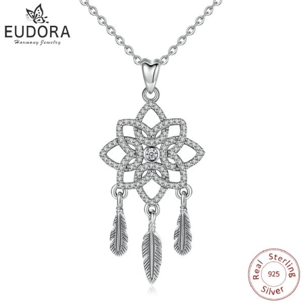 Colgantes EUDORA, Plata de Ley 925 auténtica, colgante de atrapasueños con plumas de circonia cúbica transparente, collares, joyería de flores Vintage para mujer D358