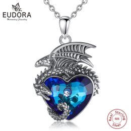 Pendants Eudora Real 925 Dragon argent sterling Neckalce Luxury Heart Crystal personnalité cristalline Dragon Pendant Fine bijoux pour l'homme