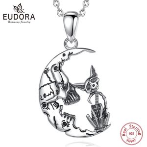 Hangers Eudora Sterling Sier Skull Moon Cat Ketting voor Dames Man's Vintage Skull Cat Hanger Paar Halloween Sieraden Cadeau