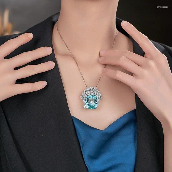 Pendentifs Mode grande mer bleu laboratoire topaze pierre précieuse plume pendentif collier dames 925 en argent Sterling Zircon Sautoirs charme bijoux fins