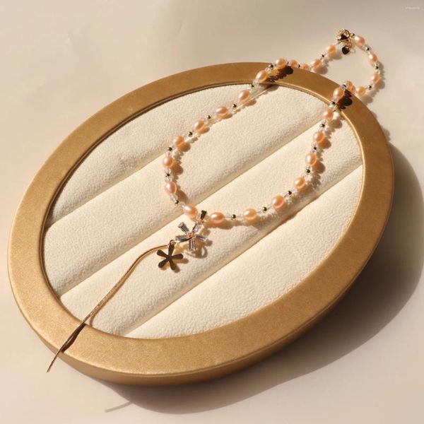 Pendants Collier de perles d'eau douce de mode avec perles de riz 5 à 6 mm défauts fins en matériau or réel en cuivre VBB3