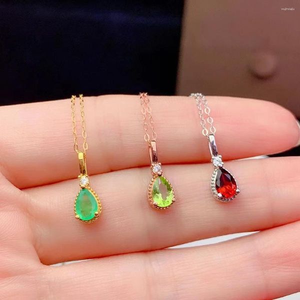 Pendentifs mode rouge grenat collier réel 925 argent femmes Olivine émeraude naturelle gemme fille fête cadeau chanceux pierre de naissance