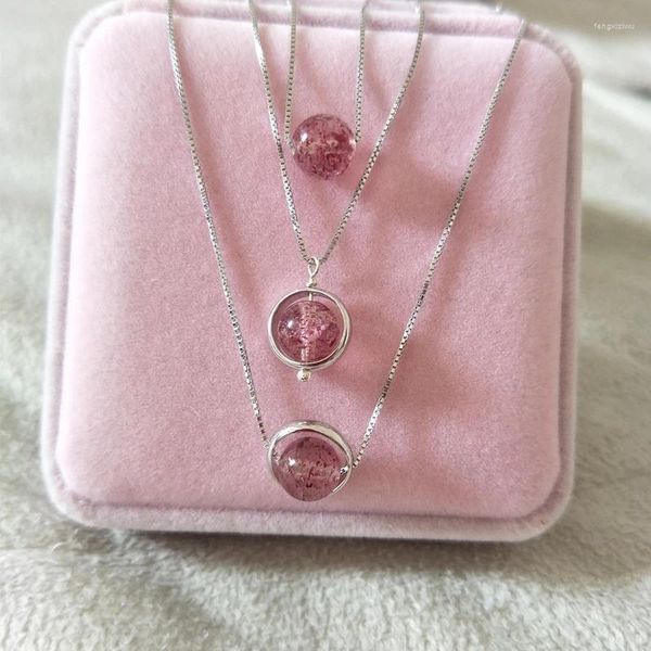 Pendentifs Mode ronde rose cristal fraise Quartz boule 925 en argent Sterling dame pendentif colliers bijoux femmes tour de cou chaînes Gif