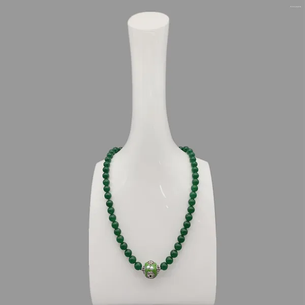 Colgantes FoLisaUnique, collar de Jade verde de 8mm para mujer, bola de plata antigua, cuentas de esmalte, Gargantilla de piedra curativa, joyería de moda de 18