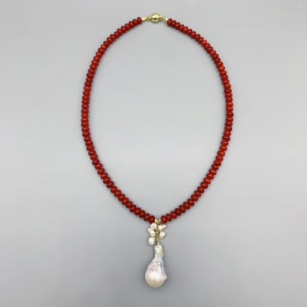 FolisaUnique rouge corail pierre blanc eau douce baroque perle pendentif collier pour les femmes à la mode