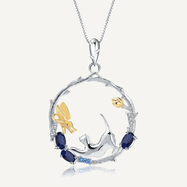 Colgantes GEM'S BALLET Collar con colgante de mariposa y gato hecho a mano de Plata de Ley 925, joyería fina de zafiro azul Natural de 0,84 quilates para mujer