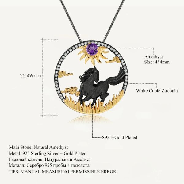 Colgantes GEM'S BALLET Collar con colgante de caballo hecho a mano de plata de ley 925 con piedras preciosas de amatista natural y zodiaco chino para mujer