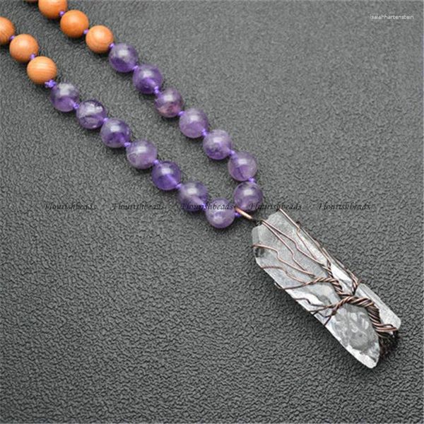 Colgantes Rectángulo hecho a mano Colgante sinuoso Cristal natural Collar de curación mineral Amatista Madera Cuentas redondas Cadena Joyería energética