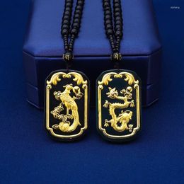 Pendentifs HOYON certifié réel 999 or jaune 24 K pur naturel Jade pendentif Dragon Phoenix perle corde chaîne collier pour femmes hommes bijoux
