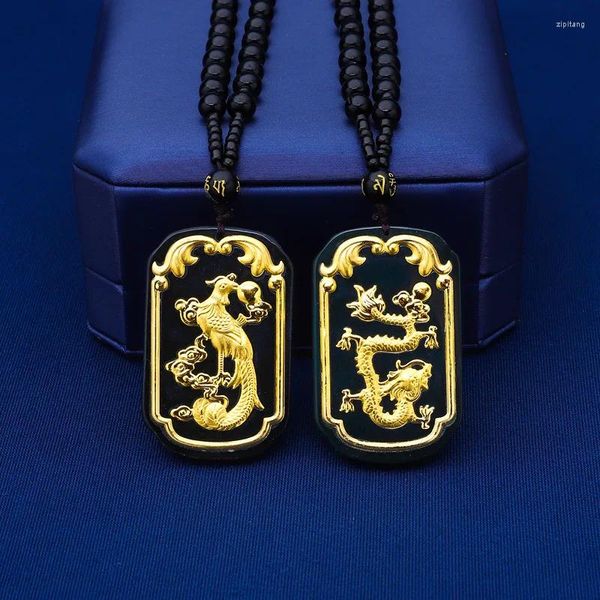 Colgantes HOYON Certificado Real 999 Oro amarillo 24K Colgante de jade natural puro Dragón Phoenix Collar de cadena de cuerda para mujeres Hombres Joyería