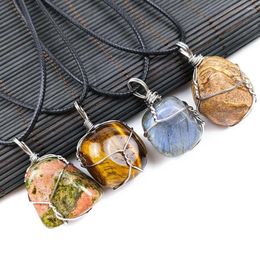 Hangers Onregelmatige Natuurlijke Tumbled Stones Pendant Legering Draad Wikkel Jasper Tiger Eye Labradoriet Healing Crystal Gem Diy ketting