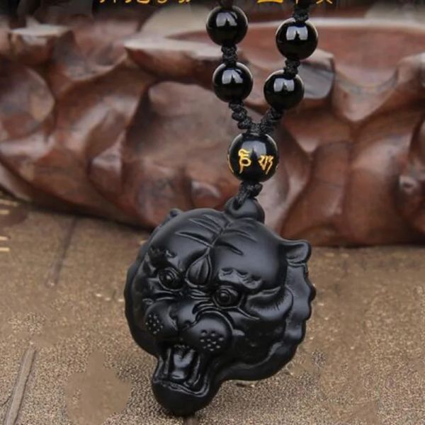 Pendants Jade Pendant Natural Obsidian Tiger Head Pendant Bijoux Fine Bijoux Exorcise Evil Spirit Lucky Amulet Crystal Pendant