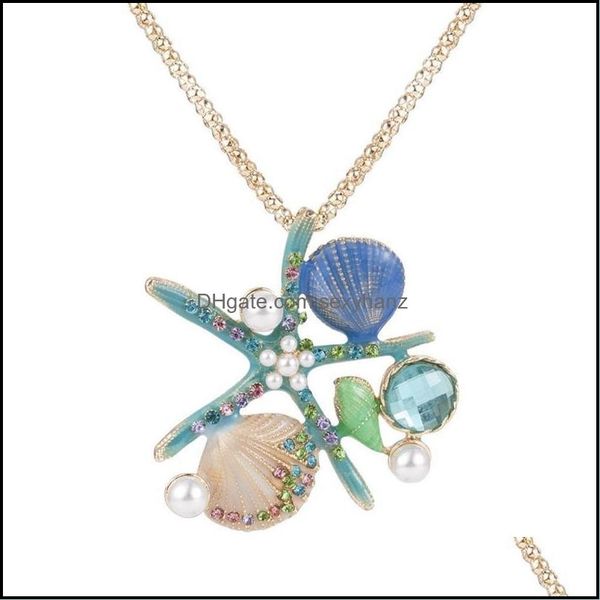 Colgantes, joyería, collares con colgante, perla blanca, esmalte azul, concha de cristal, collar largo de estrella de mar para mujer, entrega de gota de vieira 2021