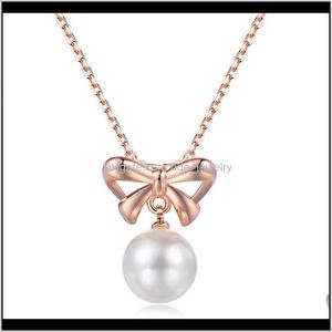 Colgantes Jewelryelegant Rose Gold Bow Pearl Colgante Collar Mujeres encantadoras Compromiso de boda Gargantilla Aessories Joyería romántica Regalo de niña