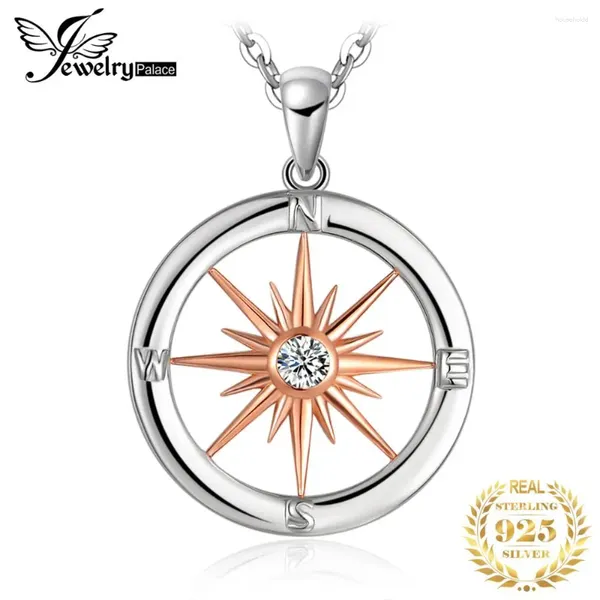 Colgantes JewelryPalace Sun Star Compass Circle Plata de ley 925 Collar con colgante de oro rosa Mujer Circonia cúbica redonda Sin cadena