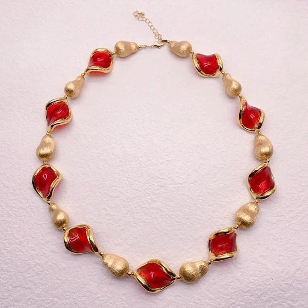 Colgantes KKGEM 20 ''20x23mm cristal de Murano rojo chapado en oro Collar de cuentas cepilladas Collar de mujer gargantilla collares joyería