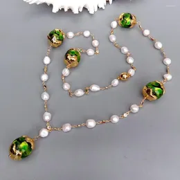 Pendentifs Kkgem 20mm vert Murano verre collier culture 8-9mm blanc baroque perle CZ pavé chapelet chaîne