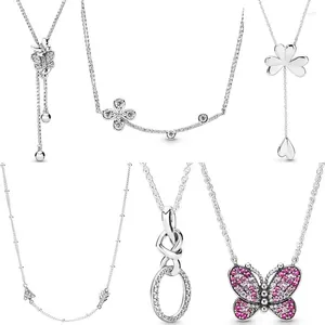 Pendentifs coeur noué chanceux trèfle à quatre feuilles éblouissant danse papillons collier pour les femmes cadeau Europe bijoux 925 argent Sterling