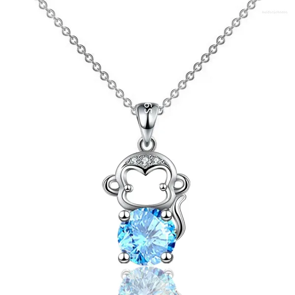 Colgantes KOFSAC 12 collar de mono del zodiaco chino para mujer cadena femenina S925 plata encantadores collares dulces circón azul colgante joyería