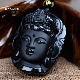 Hangers Kyszdl Bead Curtain Natural Obsidian Scrub Hanger Black Guanyin Head Hangers overgebracht Boeddha -kop