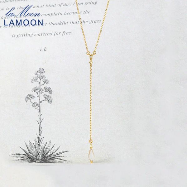 Pendants Lamoon Vintage 925 Collier en argent pour femmes Diamond Natural White Crystal Long Pendant 14K Gold plaqué Fine Jewerly LMNI112