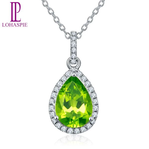 Pendants LP Pendant Ewelry solide 14k blanc or Natural Gemstone Peridot Drop Pendant pour août Giver Gift Fashion w / Silver Chain