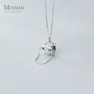 Pendentifs Modian vert cristal mignon chat visage en argent Sterling 925 pendentif collier pour les femmes réglable créativité bijoux fins