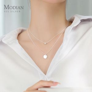 Colgantes Modian Diseño Simple Cuentas Bola Moneda Colgante de Plata de Ley 925 para Mujer Niña Collar de Cadena Básica de Doble Capa Joyería Fina