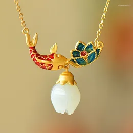 Pendants Natural an Jade Colliers émail en forme de poisson Lotus Ancient Gold Craft Pendant Luxe Luxury Chine