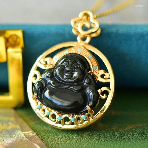 Collier de bouddha en Jade noir naturel pour femmes, breloque Feng Shui, véritable Hetian Jades néphrite, amulettes porte-bonheur