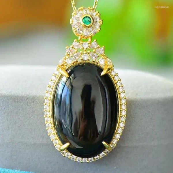 Pendentifs Jade noir naturel pendentif ovale avec Zircon émeraude collier de luxe femmes bijoux fins néphrite chinoise Hetian Jades colliers