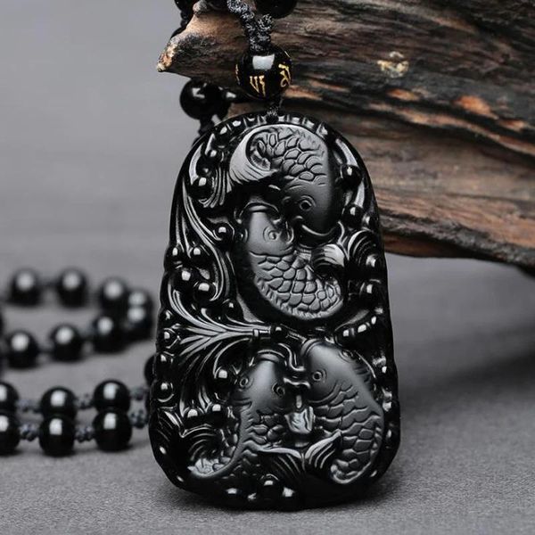 Pendentifs Obsidienne noire naturelle 3D sculpté chaîne heureux quatre poissons pendentif chanceux amulette collier pendentifs pour femmes hommes bijoux de mode