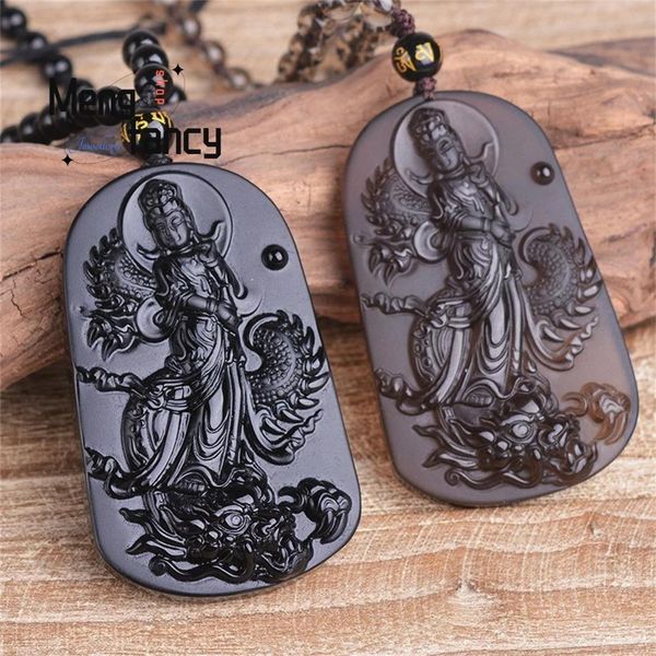 Pendentifs Obsidienne noire naturelle Guan Yin Dragon pendentif rétro charmes mode bijoux fins hommes femmes collier amulettes cadeaux de vacances de luxe