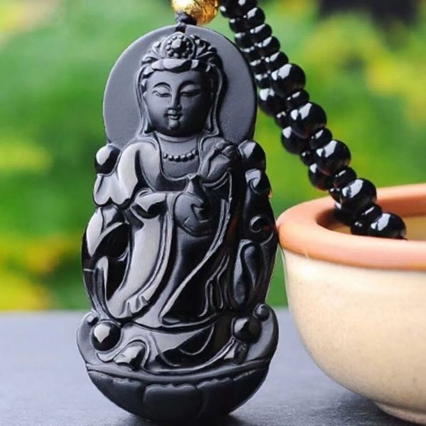 Pendants Natural Black Obsidian Guan Yin Pendant Collier Carnet Handscarved Bijoux accessoires