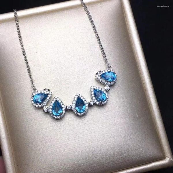 Colgantes Topacio azul natural gema gota de agua flor dos usos collar colgante de piedras preciosas S925 joyería de regalo de plata para niña