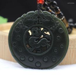 Pendentifs Naturel vert foncé Hetian Jade Qingyu sculpté Double face Pixiu pendentif rond amulette collier pour hommes femmes bijoux