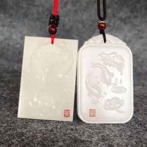 Hangers Natuurlijke Dubbele Vis Lotus Witte Jade Hanger Ketting Drop Shipping Handgesneden Lucky Amulet Liefhebbers Ketting Voor Mannen En Vrouwen