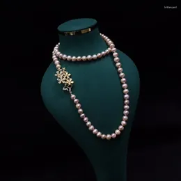 Pendentifs en perles d'eau douce naturelles, chaîne de pull pour femme, 8-9mm, presque rond, Micro défaut, plusieurs façons de porter un collier